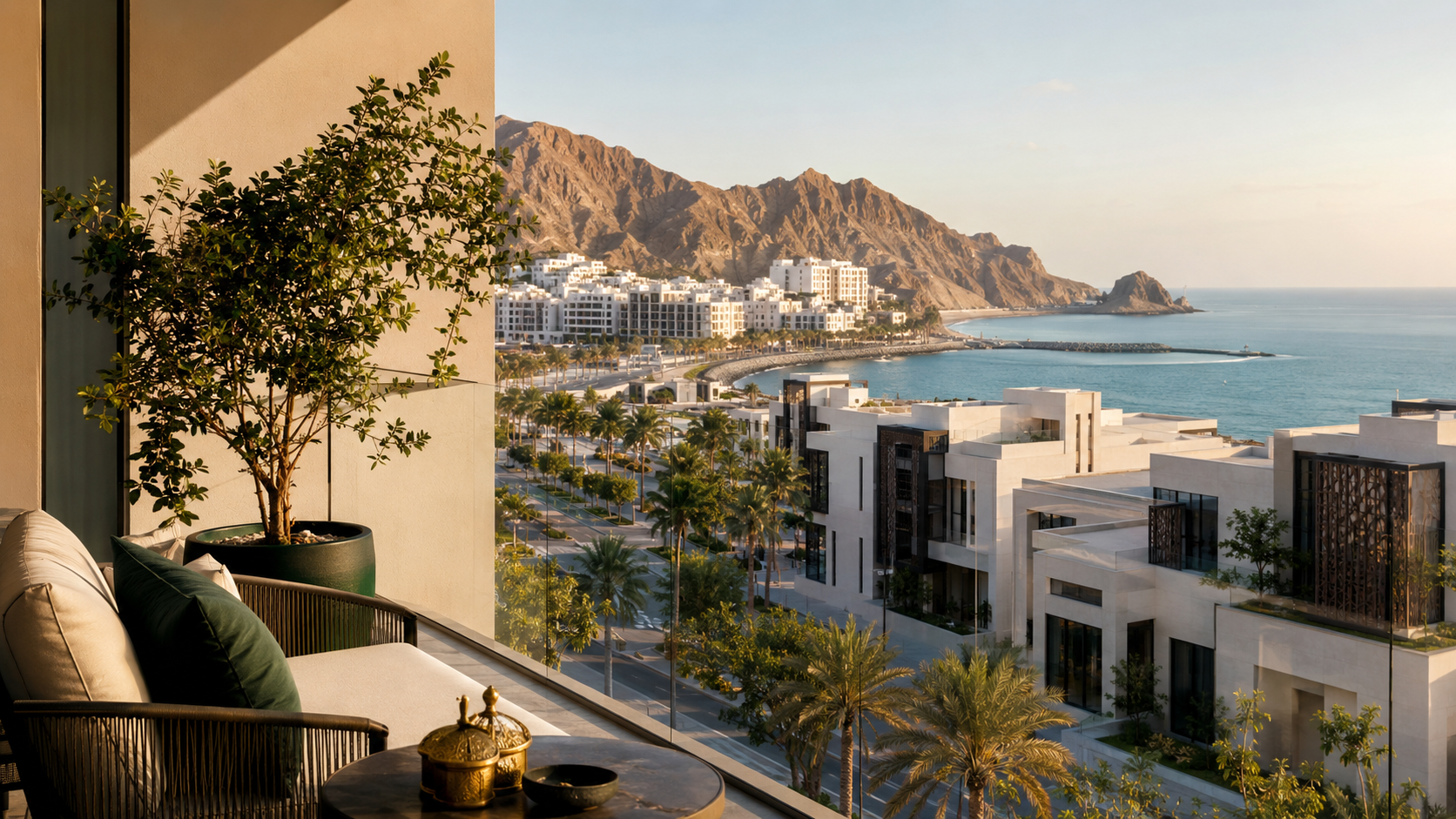 Balcony view over a residential area in Muscat with mountains and sea - renting in Muscat guide