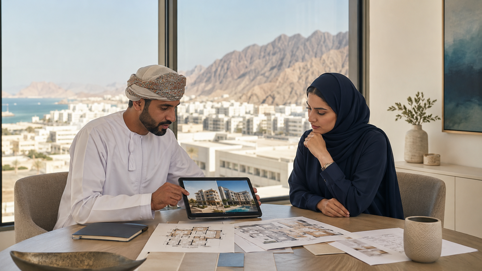 A property advisor helps a buyer compare property options in Muscat